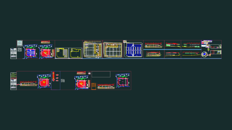 Architectural CAD layout of a large industrial manufacturing facility including plans, sections, and elevations.