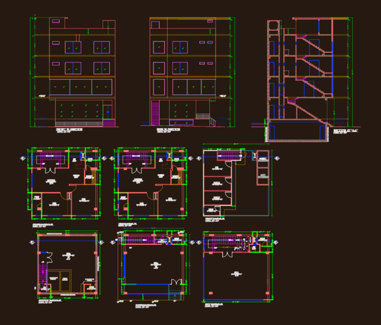 Technical architectural drawing of a multi-story commercial plaza featuring plans, elevations, and sections.