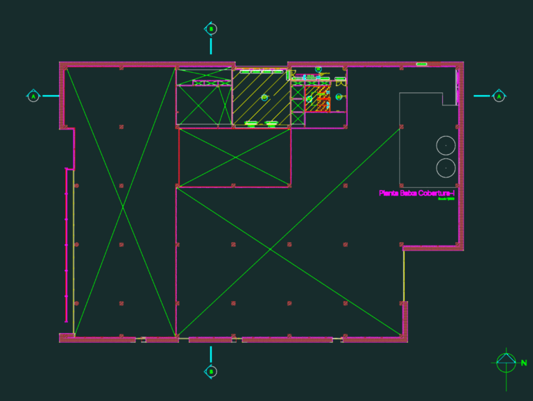 Architectural roof floor plan of a convention center showing technical rooms, elevator shafts, and stairwells.