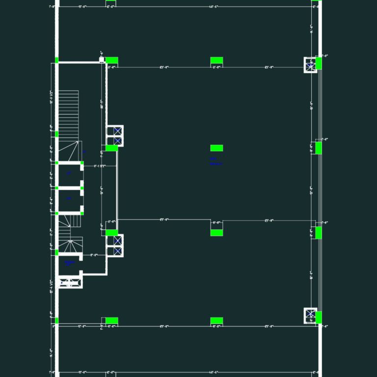 Commercial building floor plan showing column grid, elevator shafts, and service areas in imperial units.