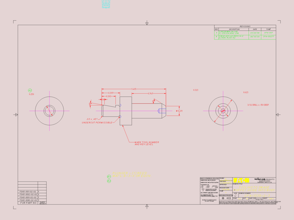 Cross-section and plan views of an Eaton poppet guide swage tool with dimensions and tolerance callouts.
