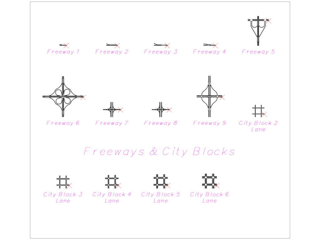 Layout of freeway and city block CAD blocks including various interchanges and lane configurations.