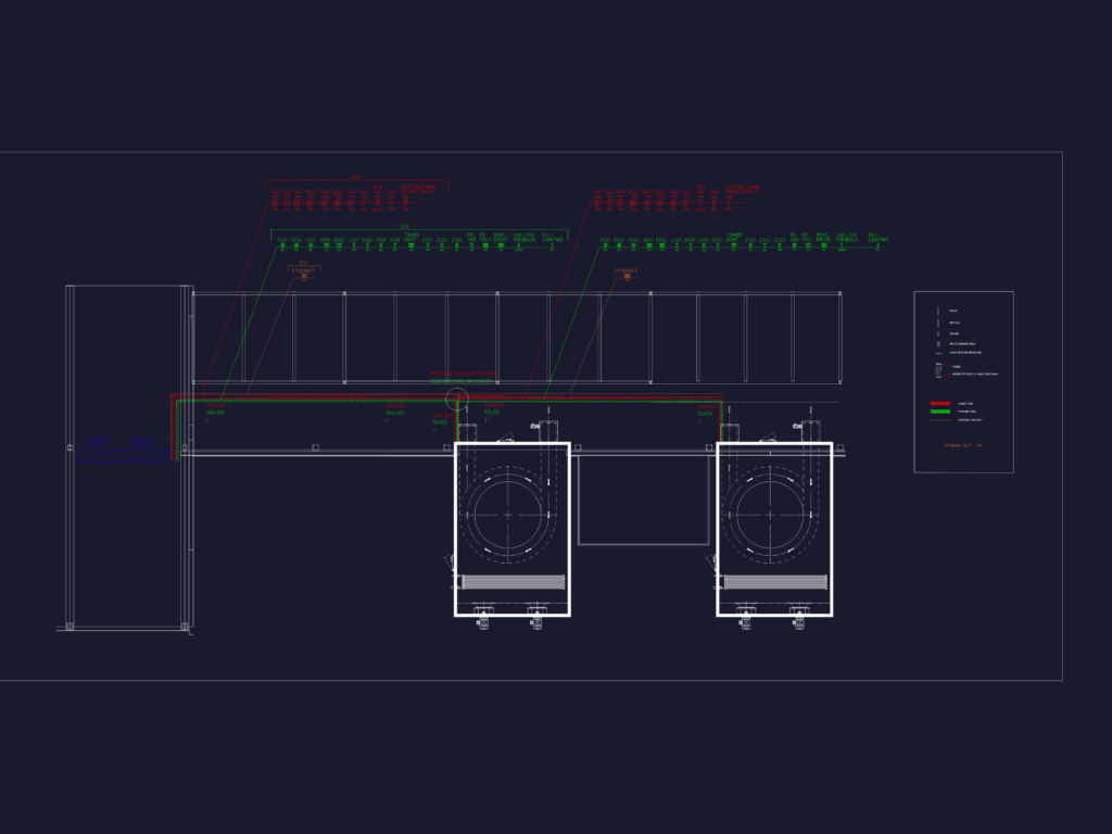 Industrial electrical layout plan showing power trails, command trails, and equipment specs for a plant expansion.