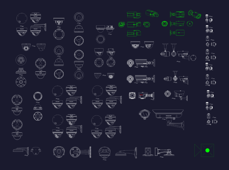 2D elevations and plan views of various Honeywell CCTV security camera models and mounting brackets.
