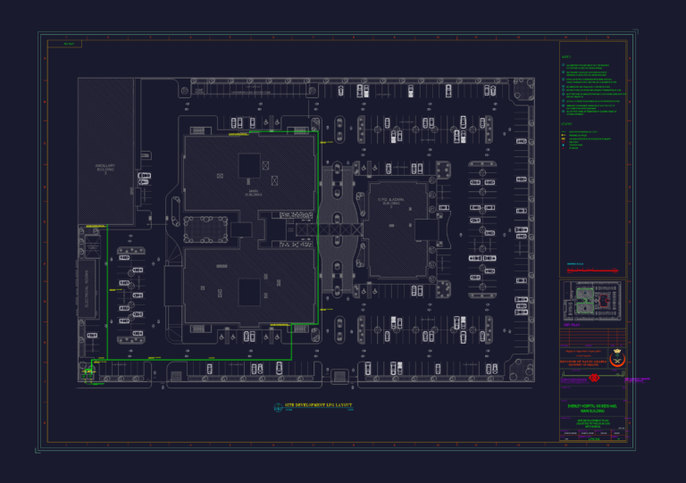 Site development plan for a hospital LPG system showing parking, buildings, and gas piping routes.