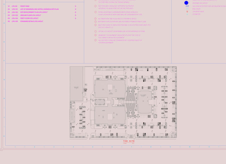 Technical drawing sheet for a hospital LPG system showing legends, general notes, and a site development plan.
