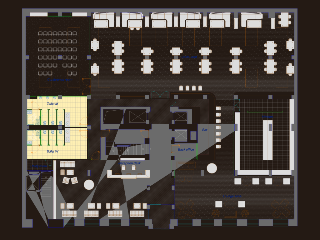 CAD floor plan of a hotel lobby showing furniture layouts for a restaurant, bar, and reception area.