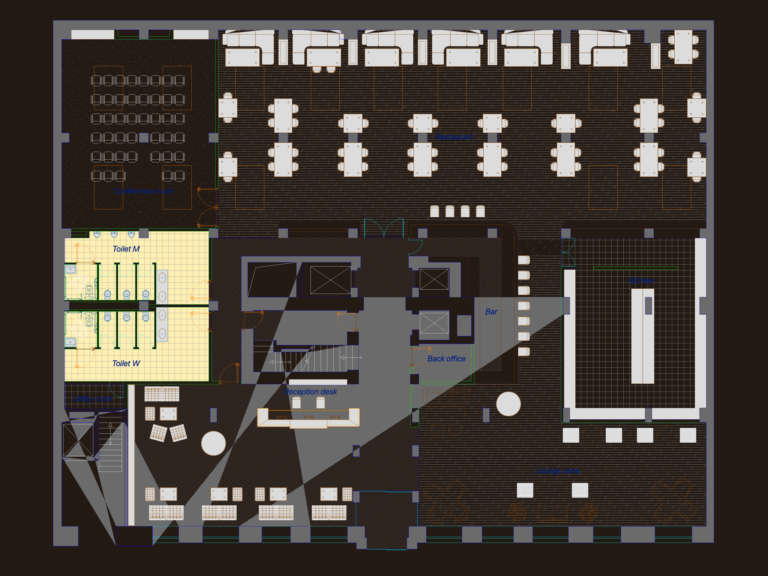 CAD floor plan of a hotel lobby showing furniture layouts for a restaurant, bar, and reception area.