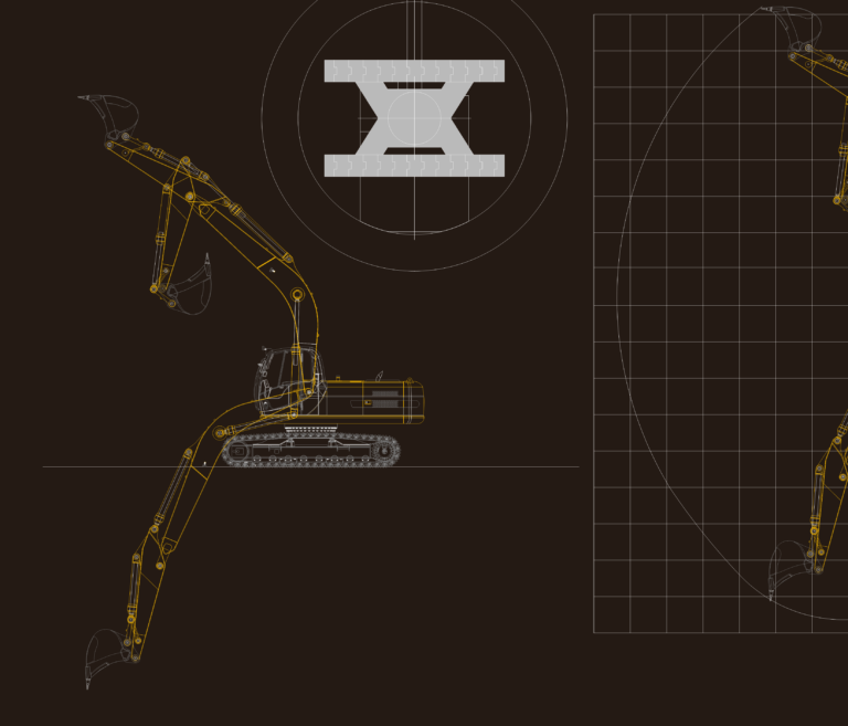 CAD drawing of a Hyundai R290 excavator side elevation showing the boom working range and reach envelope.