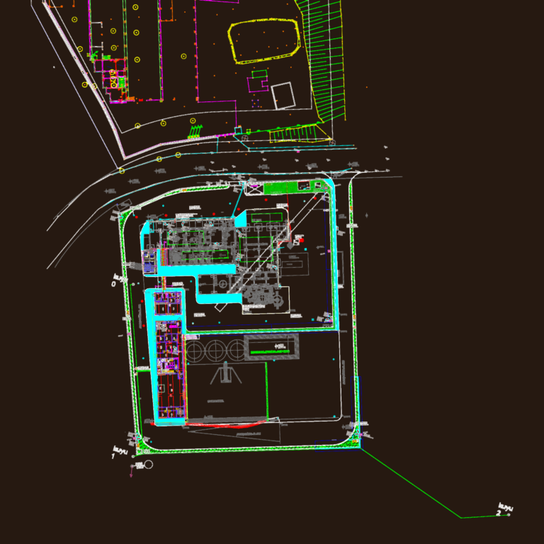 Site plan showing CCTV camera locations, underground utility lines, and electrical room layouts in an industrial zone.