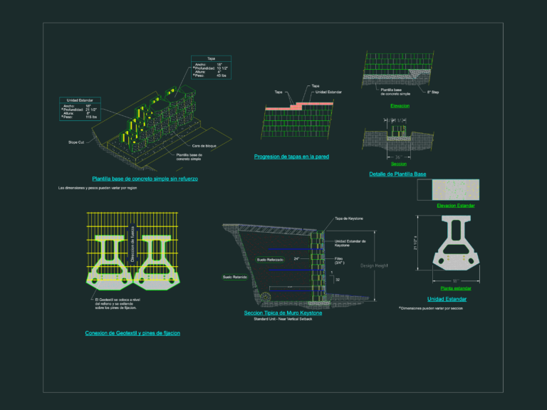 CAD details for Keystone retaining wall units and cross sections.