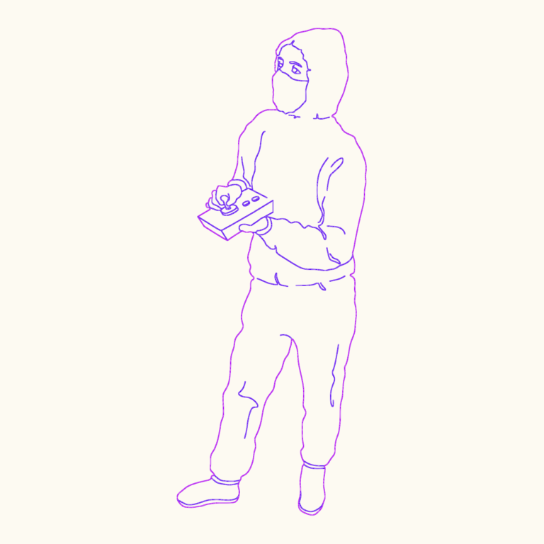 2D CAD elevation of a laboratory worker wearing a hood and mask holding a handheld joystick control unit.