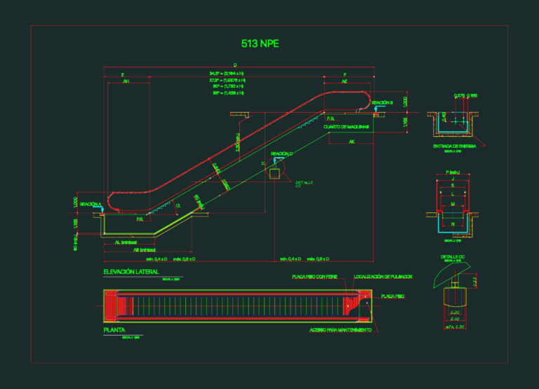 Escalator CAD drawing featuring lateral elevation, plan view, and motor room structural details.