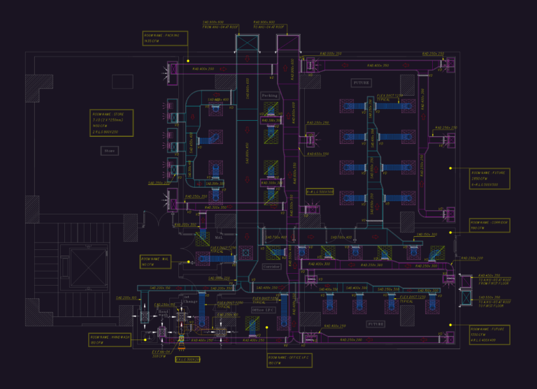 Detailed HVAC shop drawing layout showing ductwork and piping for a pharmaceutical production facility.
