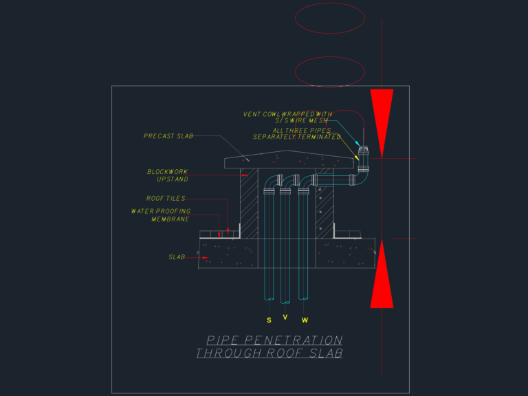 CAD section drawing of pipe penetration through precast roof slab with waterproofing membrane and upstand.