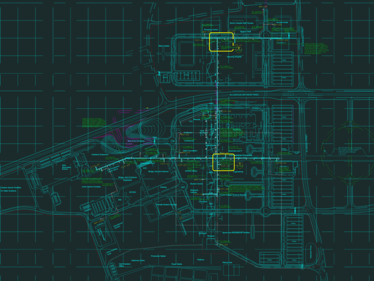 Detailed MEP infrastructure plan showing chilled water pipe networks and building cooling load summaries.
