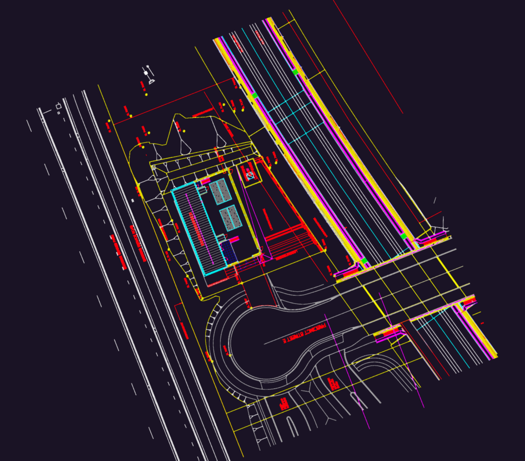 Traction substation site plan showing rail tracks, building footprints, and site access.