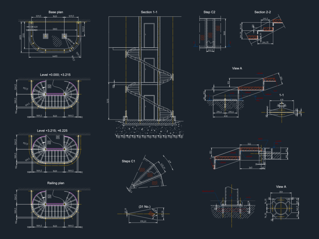 Architectural drawing of a metal spiral staircase featuring plan views, sections, and structural base details.