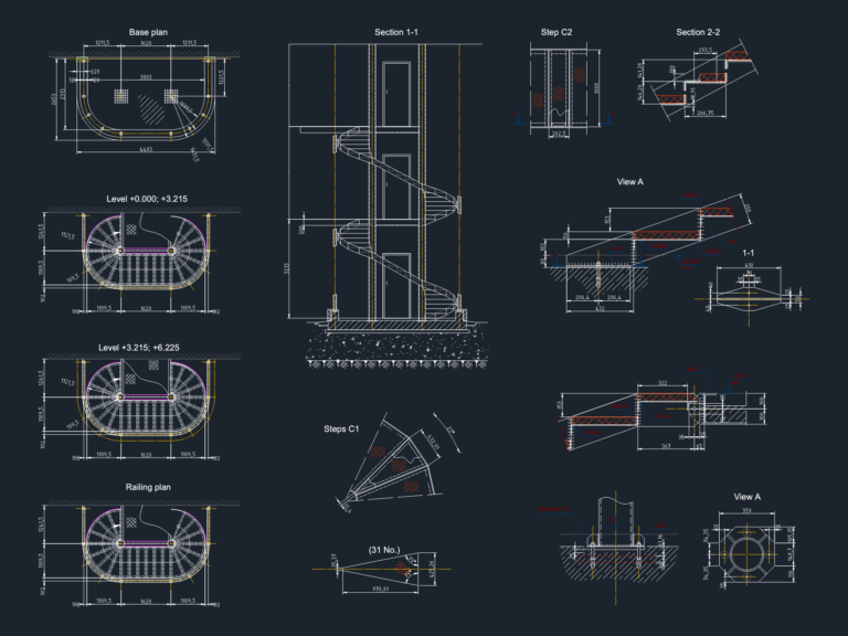 Architectural drawing of a metal spiral staircase featuring plan views, sections, and structural base details.