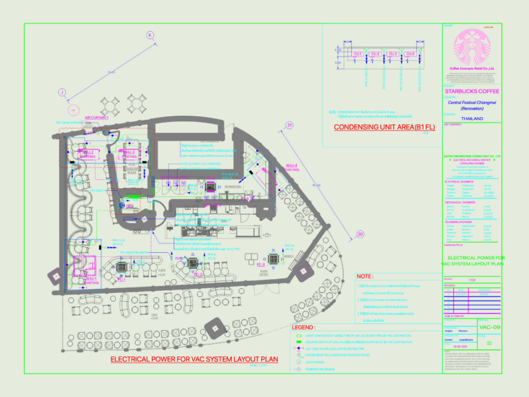 Electrical power layout plan for a Starbucks VAC system renovation in Chiangmai.