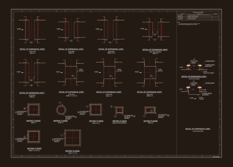 CAD detail drawing of various steel expansion joints for industrial ducting systems with section views and flanges.
