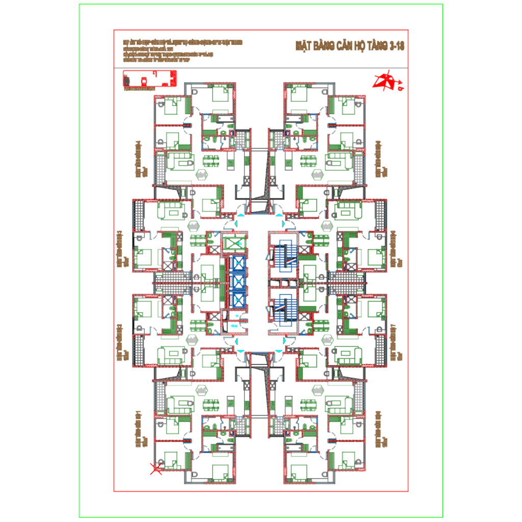 Architectural floor plan of a typical residential floor with eight units and a central elevator core.