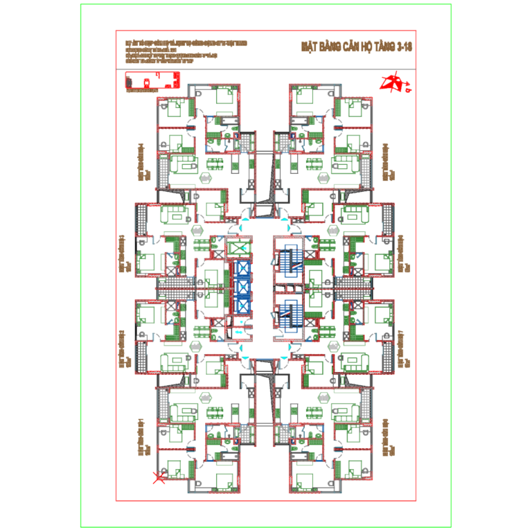 Architectural floor plan of a typical residential floor with eight units and a central elevator core.