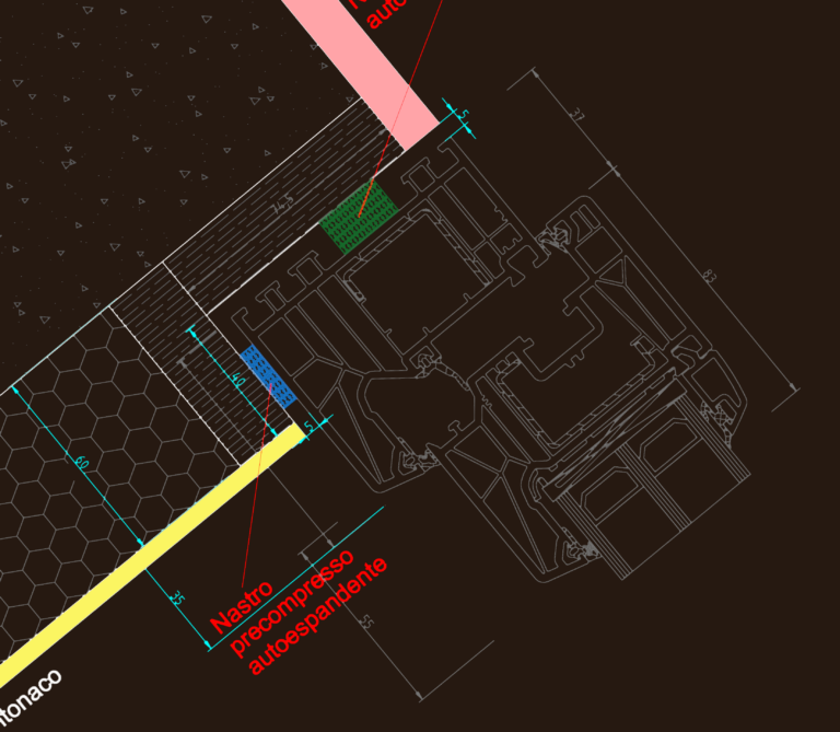 CAD cross-section details of window frames with EPS and XPS insulation layers and sealing tapes.