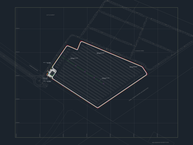 CAD drawing showing a large-scale street lighting key plan and electrical single line diagram for a yard.