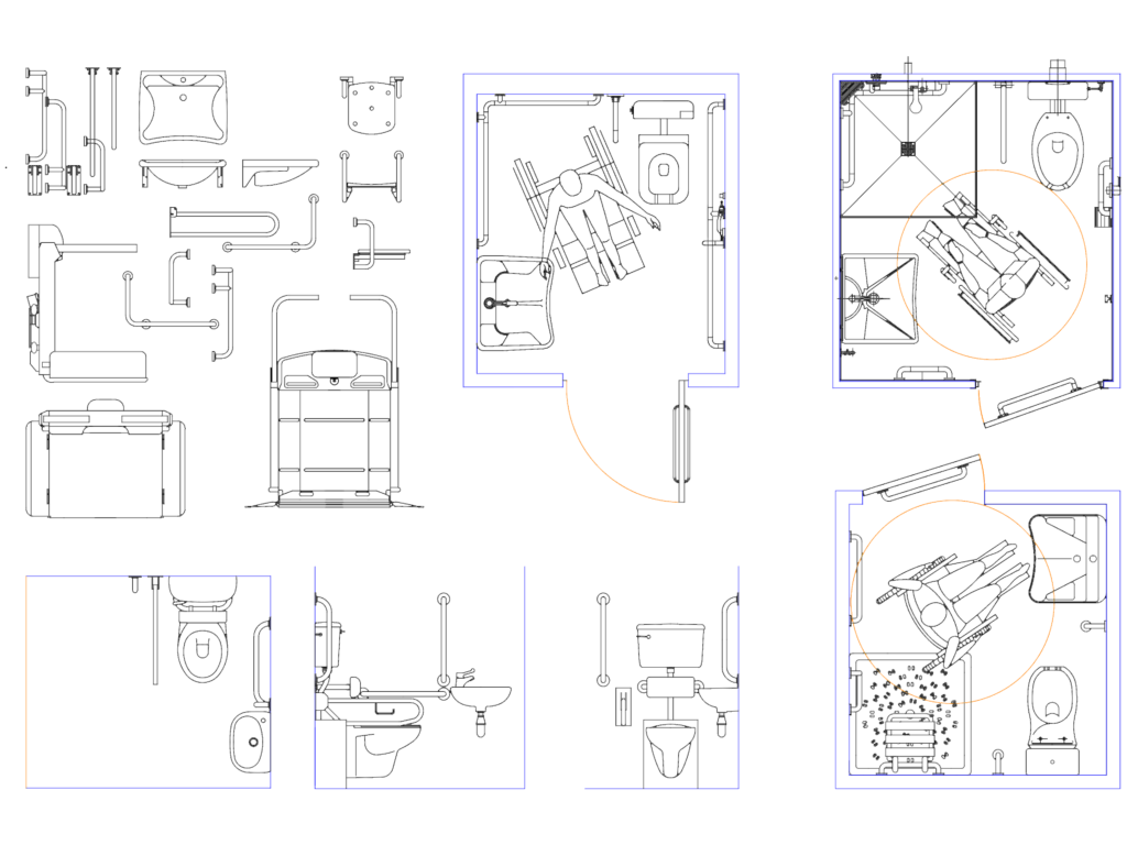 CAD drawing showing accessible toilet floor plans with wheelchair turning circles and grab bar details.