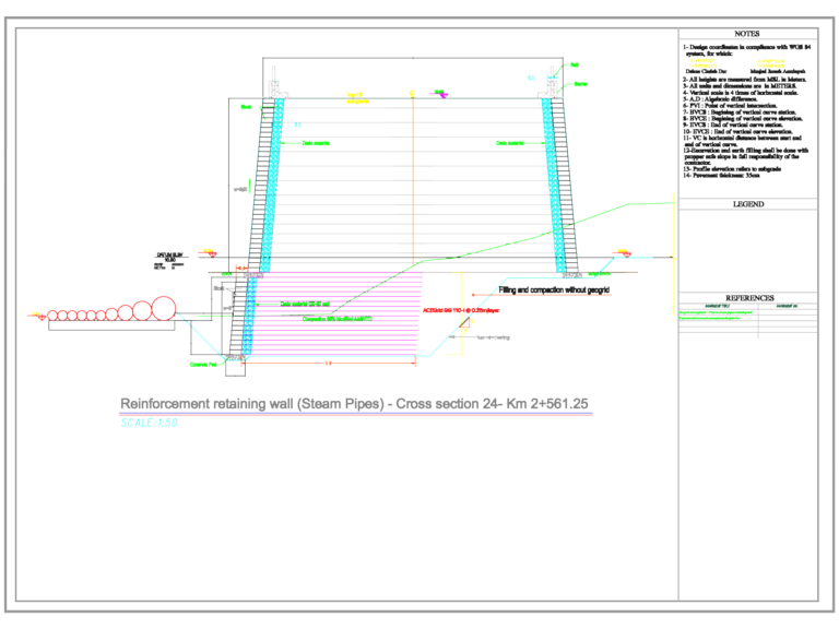 CAD cross section of a 9m reinforced retaining wall for steam pipes showing geogrid layers and backfill compaction.