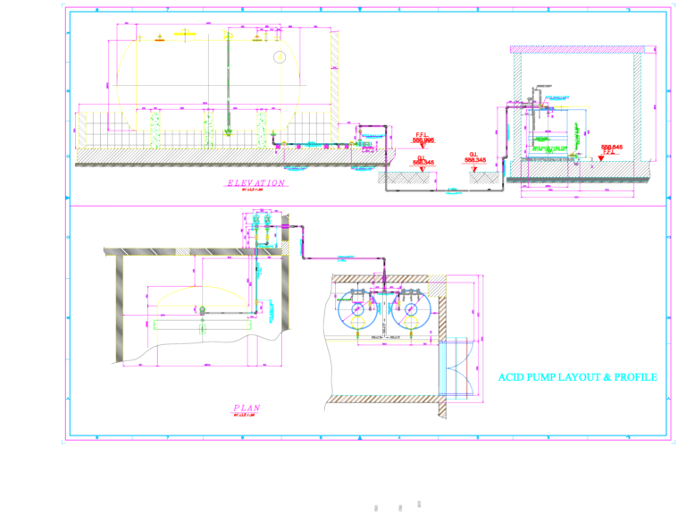 Plan and elevation drawings of an industrial acid pump station including 1000L tank and CPVC piping details.