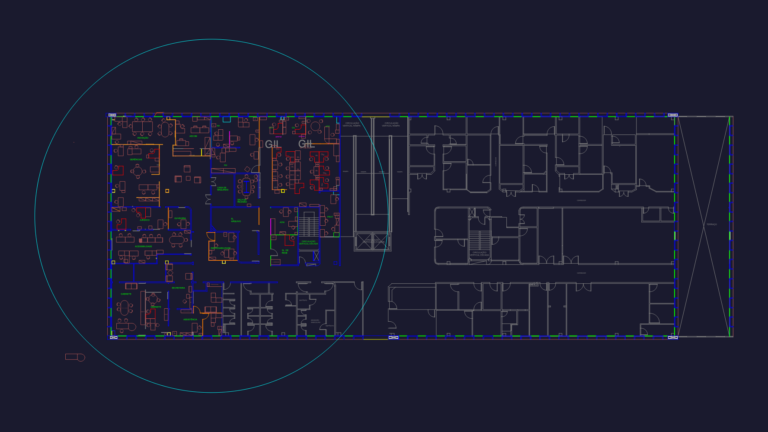2D CAD floor plan of a multi-room administrative office building with furniture blocks and Portuguese labels.