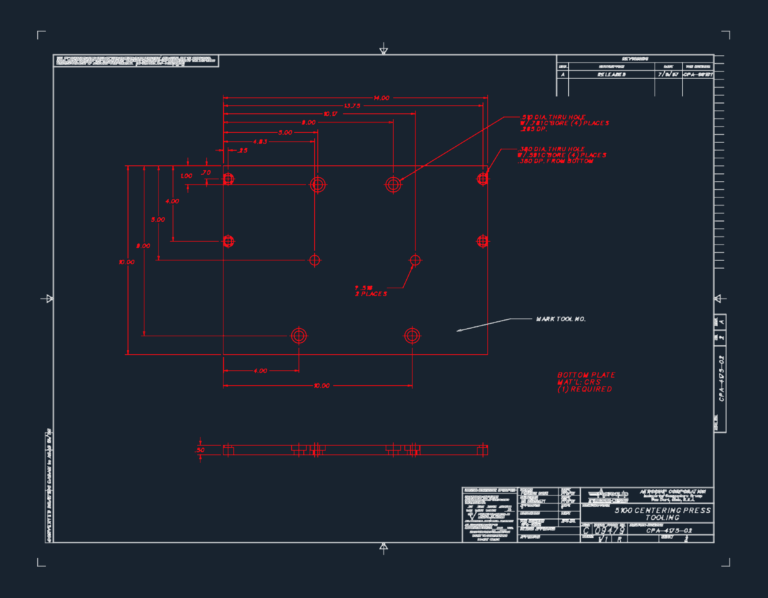 Technical mechanical drawing of a 5100 centering press bottom plate with hole patterns and dimensions.