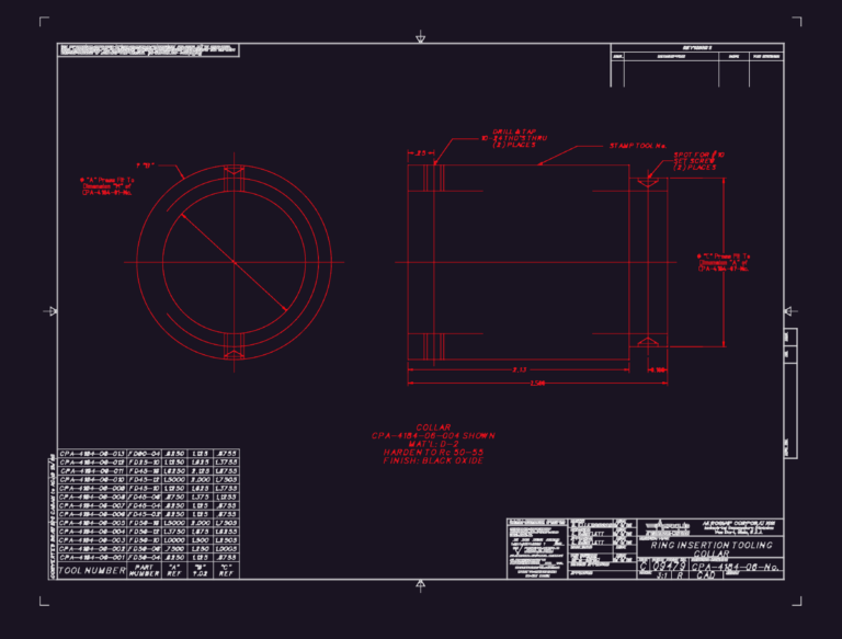 CAD drawing showing side and end views of a mechanical collar tool with a specification table.
