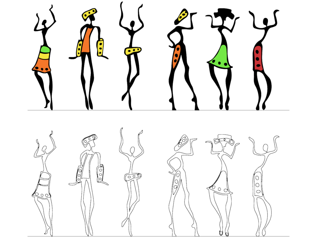Six stylized African dancing figure silhouettes in outline and colorful hatch versions.