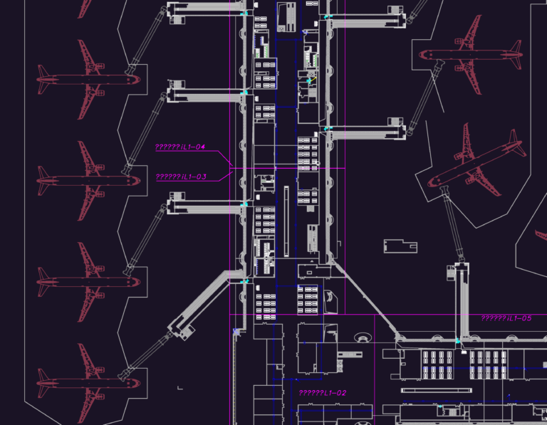 CAD plan showing an airport terminal with A321-200 aircraft at jet bridges and gate seating areas.