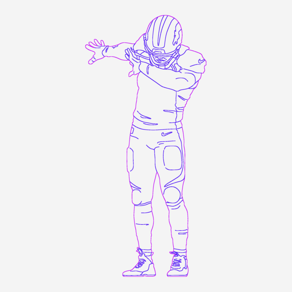 CAD drawing of an American football player in full gear performing a dab celebration pose.