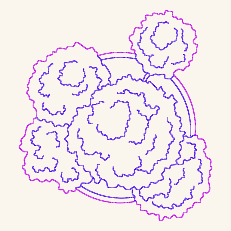CAD drawing of a cloud-pruned European boxwood plant in plan view and side elevation inside a pot.