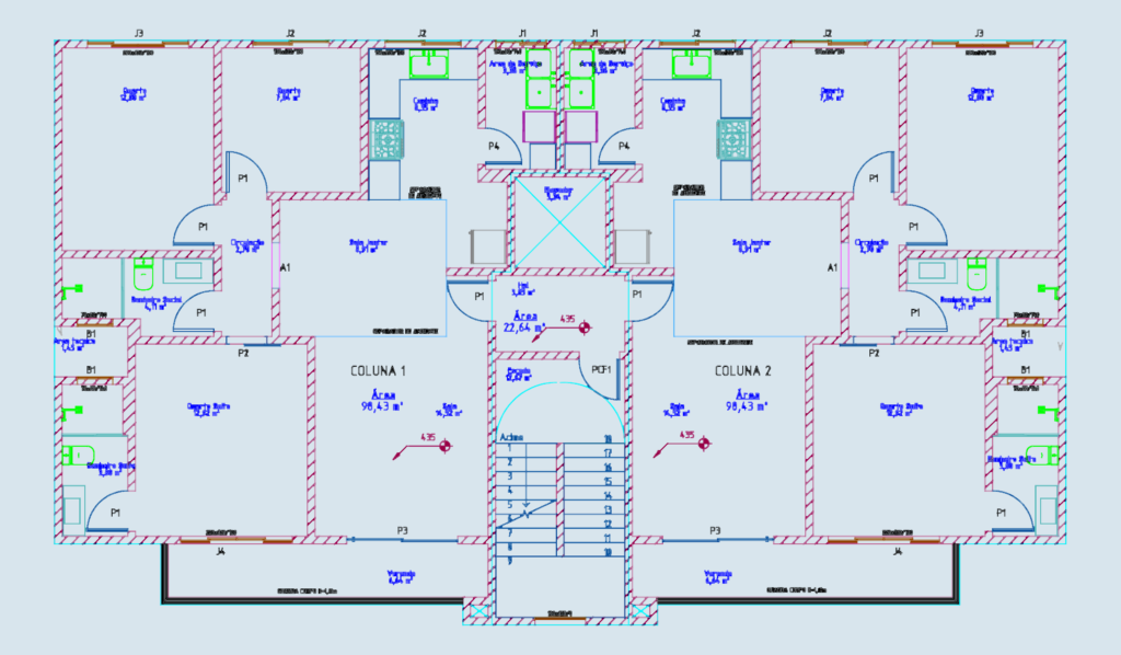 Architectural floor plan showing a two-unit apartment layout with central stairs and elevator.