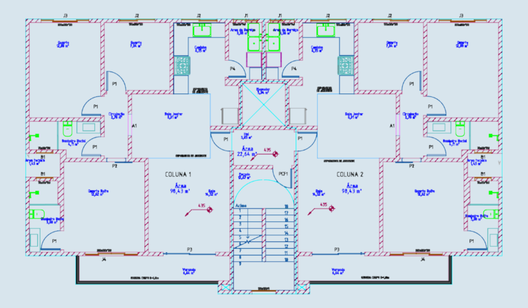 Architectural floor plan showing a two-unit apartment layout with central stairs and elevator.