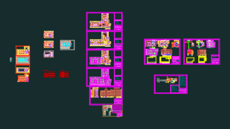 Architectural CAD drawings showing floor plans, elevations, and electrical layouts for multi-story residential buildings.