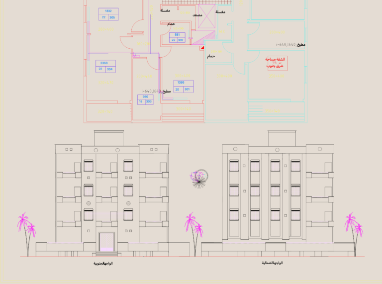 2D architectural drawing showing the floor plan and exterior elevations of a multi-story apartment building.