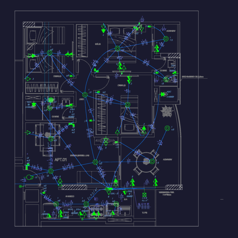 AutoCAD electrical plan for an apartment showing lighting symbols, wiring runs, and a detailed symbology table.