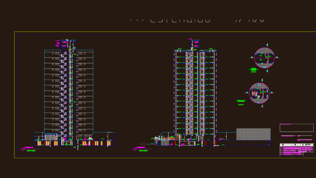 Cross-section drawing of a multi-story apartment building with elevator shaft and rooftop water tank details.