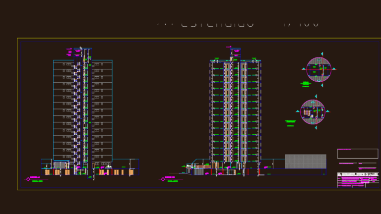 Cross-section drawing of a multi-story apartment building with elevator shaft and rooftop water tank details.