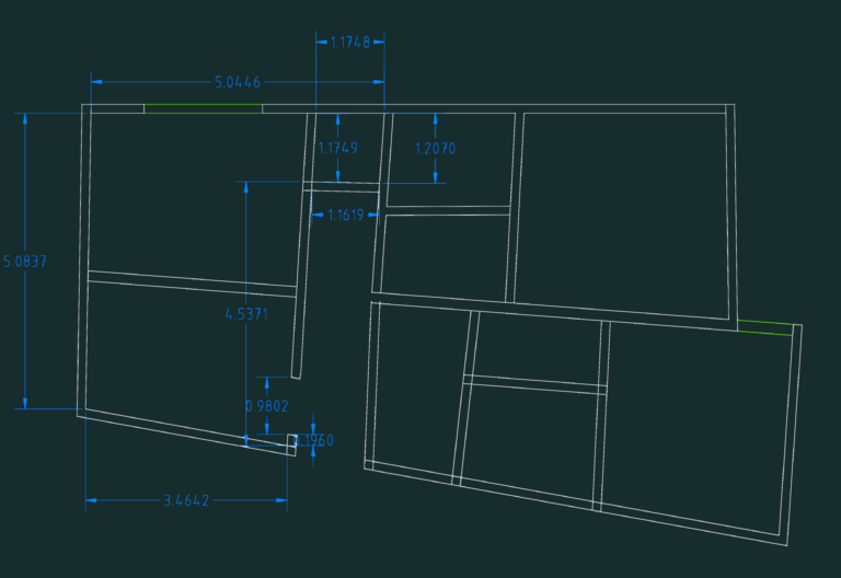 2D architectural floor plan of a small apartment showing room partitions and blue dimension lines.