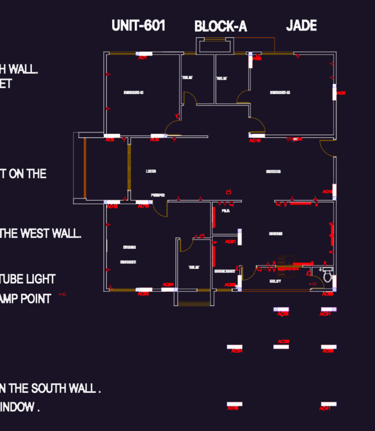 Residential CAD floor plan for a flat including room dimensions, utility areas, and electrical point layouts.