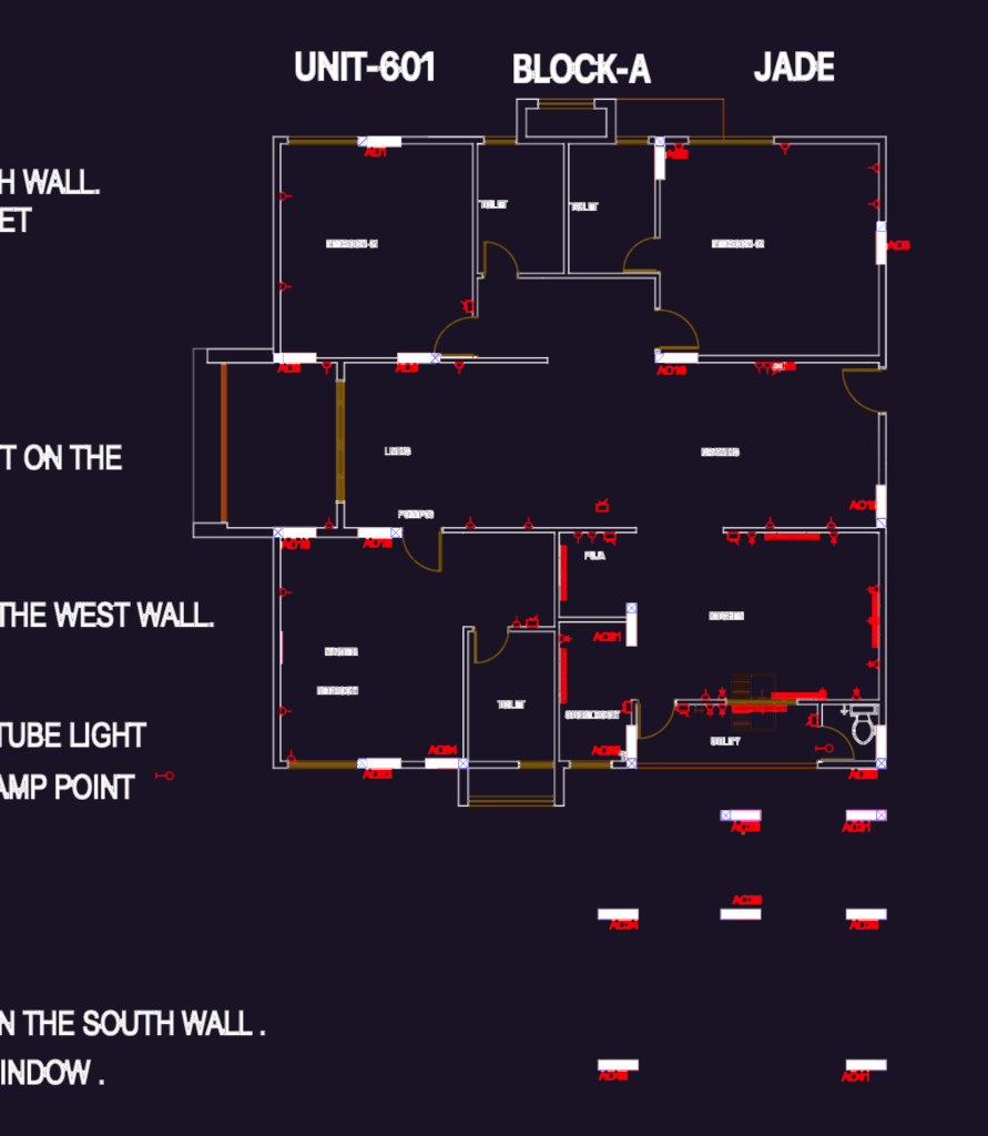 Residential CAD floor plan for a flat including room dimensions, utility areas, and electrical point layouts.