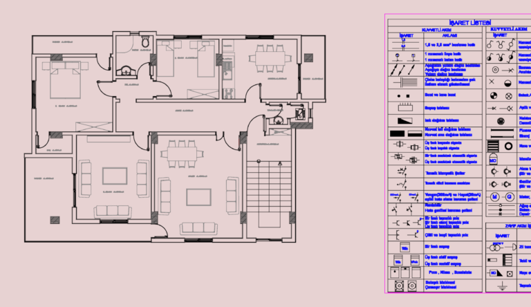 Architectural floor plan of an apartment with a Turkish electrical symbols legend table.